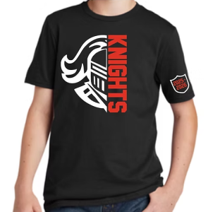 Black shirt showing school mascot in red and white