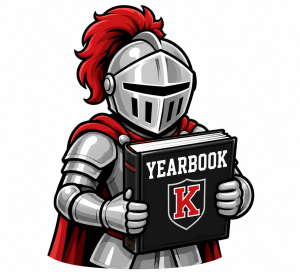 Knight holding a yearbook