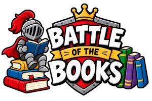 a picture with a knight sitting on a stack of books with a shield that says Battle of the Books