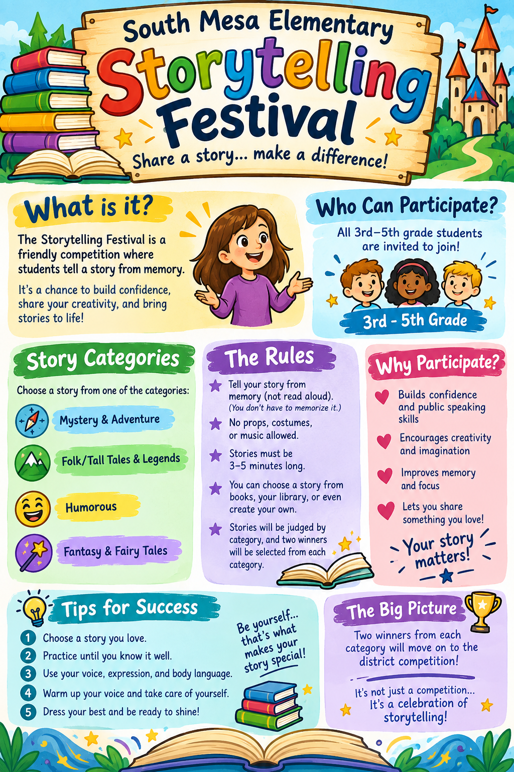 Flyer with information about the storytelling festival at our school.
